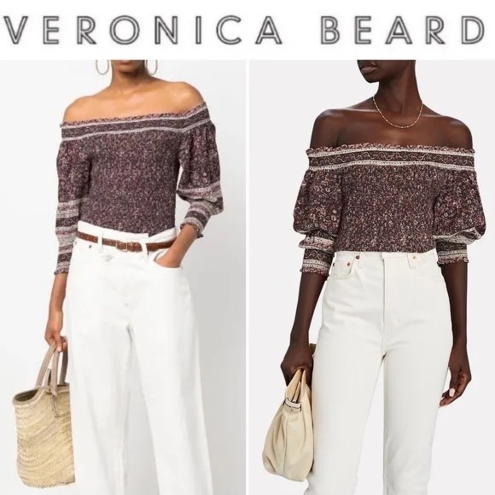 Veronica Beard Off-Shoulder Floral Puff Sleeve Top — Brown